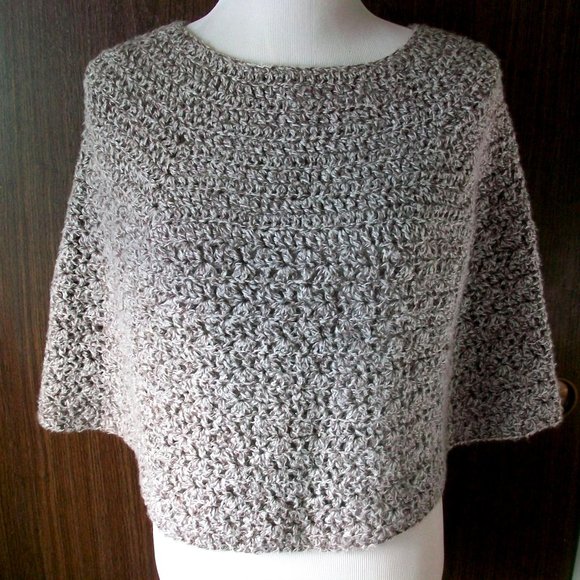 Hand Crafted Sweaters - Hand Crochet Taupe Poncho Sz L-XL